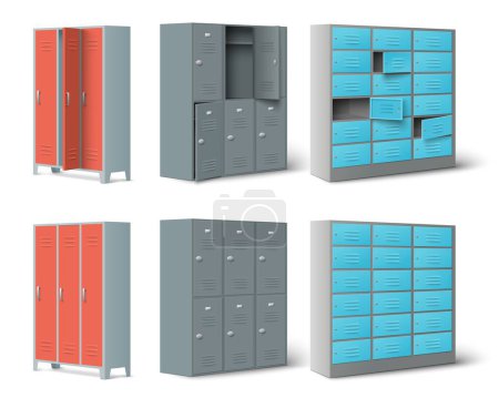 Illustration for Stainless steel grey and colored lockers set for storage of personal belongings at school, gym, swimming pool, postal or bank services. Cabinets rows with closed and opened doors vector illustration - Royalty Free Image