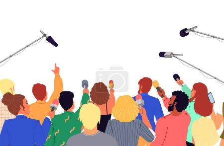 Illustration for Group of journalist holding microphone participating in conference vector illustration. Man and woman mass media reporters with mics providing interview - Royalty Free Image