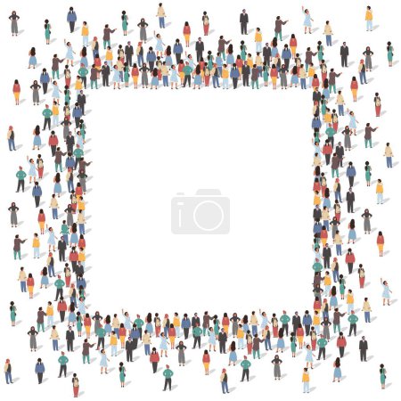 Illustration for Square frame with different people standing together around empty space vector illustration. Multicultural international society geometric shape border with white copyspace - Royalty Free Image