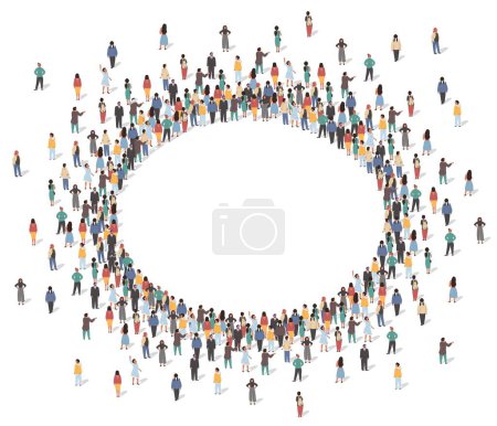 Illustration for Large group of people standing together forming oval frame view from high angle view vector illustration. Man and woman crowd gathering in geometric shape of round border - Royalty Free Image