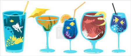 Illustration for Summer cocktail glasses filled drinks isolated set with aesthetic underwater beautiful nature landscape with coral reef and fish, seaweeds seamless pattern design vector illustration. Tropical diving - Royalty Free Image