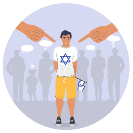 Antisemitismus und Rassendiskriminierung. Menschliche Hände, die missbrauchen, zeigen auf traurige jüdische Jungen Vektor Illustration. Rassismus-Problem, Ungleichheit, soziale Fragen