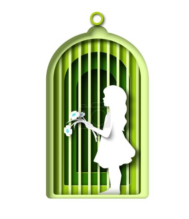 Little girl kid with flower bouquet locked in golden cage papercut origami vector illustration. Female soul, unmet childhood needs, inner child psychology and mental health treatment concept