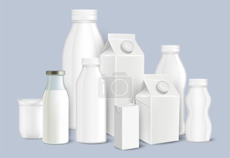 Téléchargez les photos : Paquet de lait, modèle de récipients en carton, verre de boisson ou bouteilles en plastique blanc illustration vectorielle réaliste de jeu de maquettes. Emballage de produits laitiers pour le marchandisage et l'image de marque - en image libre de droit