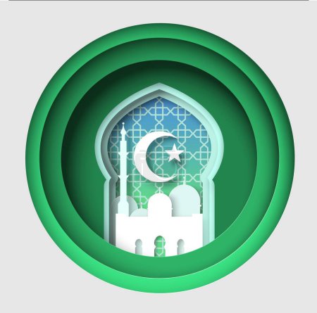 Ilustración de vectores de símbolos religiosos musulmanes con diseño de origami artesanal de mezquita, estrella y media luna. Marco redondo con signo religioso tradicional islámico