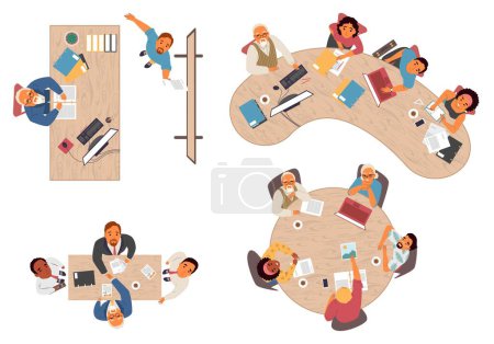 Vista superior de los trabajadores de oficina en el lugar de trabajo mirando conjunto. Hombres y mujeres empleados personajes en portapapeles de presentación, mesa de trabajo, mesa de reuniones o en el espacio de trabajo de coworking