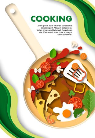 Téléchargez les photos : Modèle d'affiche en papier découpé en couches de cuisson avec poêle et différents ingrédients pour la préparation des aliments. Repas sains, légumes biologiques naturels, produits d'épicerie pour l'illustration vectorielle culinaire - en image libre de droit