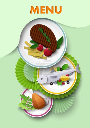 Menu poster template with paper cut restaurant dish. Delicious roasted pork or beef steak, deep-fried chicken leg, stewed fish vector illustration. Organic natural barbeque food advertisement