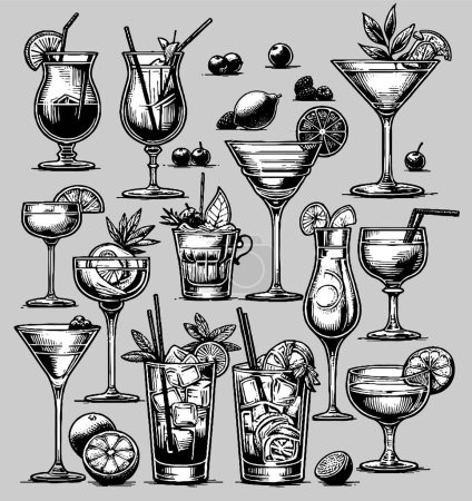 Different alcohol cocktail glasses engraving style isolated set. Bar beverages assortment sketches vector illustration. Generative AI graphic of restaurant or beach pub design for menu