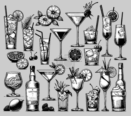 Alcohol cocktail in glasses, bottle with drinks and fruits decoration sketched set. Bar restaurant assortment of alcoholic beverages generative AI graphic vector illustration