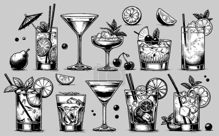 Téléchargez les photos : Ensemble de cocktails alcoolisés en noir et blanc dans des verres avec de la paille et des tranches de fruits. Bar de plage, restaurant à la mode menu gravure illustration vectorielle - en image libre de droit