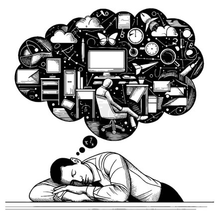 Overworked man employee sleeping at worktable vector illustration. Fatigue exhausted businessman suffering from mental stress and tiredness taking nap at workplace. Job deadline concept