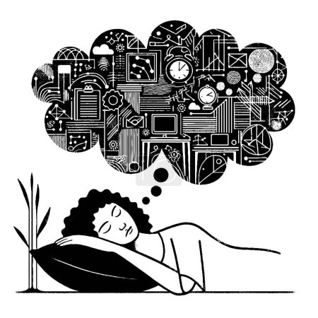 Téléchargez les photos : Jeune femme qui dort sur un oreiller après un dur travail de bureau illustration vectorielle. Fille fatiguée faisant la sieste sentiment d'épuisement et d'anxiété en raison de la date limite de travail - en image libre de droit