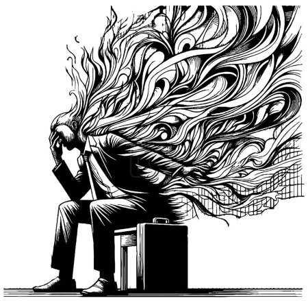 Nervioso empresario exagerado en la quema emocional sentado tocando la cabeza vector ilustración. Empleado sensación de agotamiento y agotamiento, que sufre de estrés mental problema de psicología