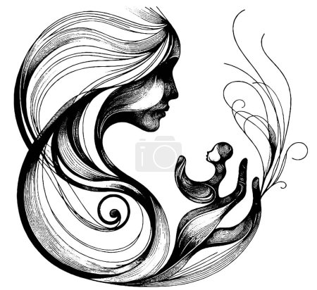 Illustration vectorielle de la maternité et de la dépression postnatale. Silhouette jeune mère et bébé enfant. Problème psychologique et troubles de santé mentale dus à l'accouchement