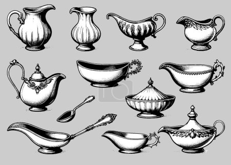 Set of gravy boats of different shapes and forms vector illustration. Ceramic pitcher, sauce dish, cream bowl kitchen tableware doodle style