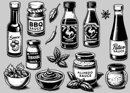 BBQ sauce bottle of different taste, dip bowl utensils and fragrant spicy seasonings set vector illustration engraving style. Condiments for food preparation concept