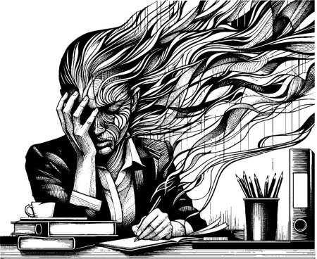 Junge Geschäftsfrau Charakter müde von exzessiver Arbeit am Schreibtisch Vektor Illustration. Emotionales Brennen im Job, Stress unter Überlastungsdruck