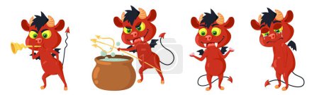 Cute small horned devil cartoon characters emoji isolated set. Spooky demon blowing in clarion, brewing potion, being sad and puzzled vector illustration