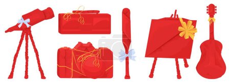 Presents wrapped in red holiday paper isolated set. Telescope, photo camera, vintage tape recorder, baseball bat, artist canvas, guitar musical instrument packed for surprise gift vector illustration