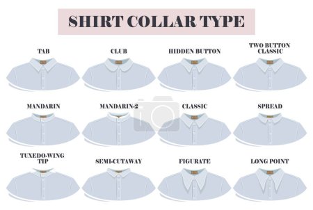 Male shirt collar types, shapes and forms collection set. Classic menswear garment of casual design of popular clothing vector illustration