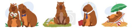 Téléchargez les photos : Personnages capybara mignons activités quotidiennes de routine beaux autocollants, imprimés cool ensemble. Animaux sauvages drôles se marier, se sentir ennuyé, réussir dans le travail, bronzer sur la plage illustration vectorielle - en image libre de droit