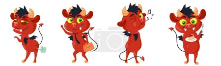 Illustration for Playful naughty devil cartoon characters humor stickers set vector illustration. Red-skinned horned evil monster emoticon for communication and messaging - Royalty Free Image