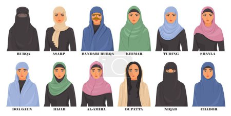 Téléchargez les photos : Ensemble de hijabs femelles de différents types. Chapeaux femme musulmane traditionnelle, accessoires de vêtements indigènes illustration vectorielle - en image libre de droit
