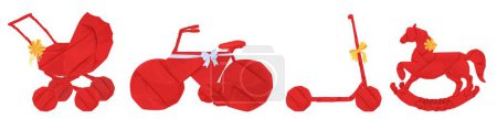 Téléchargez les photos : Cadeaux rouges enveloppés pour la pépinière d'enfants, illustration vectorielle de set de douche pour bébé. Poussette, vélo, trottinette, jouets à bascule cadeaux - en image libre de droit