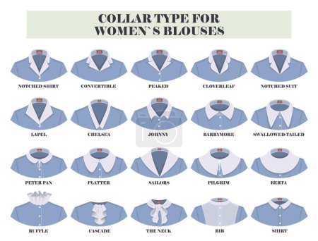 Different collar types for woman blouses vector illustration set. Female shirt necklines drawing template. Beauty, fashion and style concept