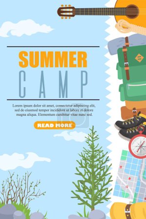 Summer camp web banner decorated with different traveling accessories over natural landscape background vector illustration. Trekking, hiking adventure on nature promotion