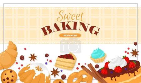 Téléchargez les photos : Modèle de conception de bannière de site Web de cuisson douce pour la maison de boulangerie en ligne et l'illustration vectorielle de service de pâtisserie de confiserie. Menu de desserts cuits au four - en image libre de droit