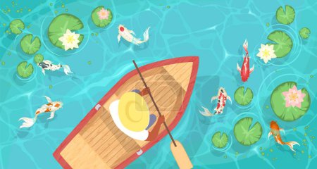Illustration for Chinese man holding paddle swimming on boat in river with koifish and water lily lotus flower high angle view cartoon vector illustration - Royalty Free Image