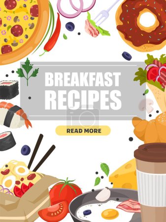 Téléchargez les photos : Modèle de bannière de site Web offrant des recettes de petit déjeuner. Alimentation saine, malbouffe rapide, desserts sucrés collation cuisine maison illustration vectorielle - en image libre de droit