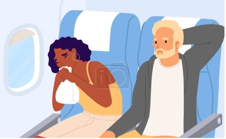 Woman passenger suffering from aerophobia while traveling by airplane vector illustration. Female cartoon character blowing into packet feeling shock sitting near window
