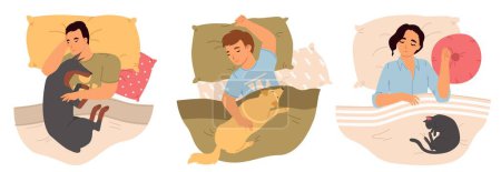 Téléchargez les photos : Les gens dorment avec des chiens et un chat couché dans le lit avec des oreillers et des couvertures illustration vectorielle. Homme et femme endormis en pyjama reposant sur des animaux domestiques aimants - en image libre de droit