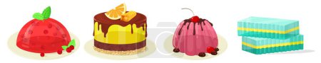 Sammlung von süßen Gelee-Kuchen und Kuchen bunte Desserts Vektor Illustration isoliert auf weißem Hintergrund. Gesunder Bio-fruchtiger Gelatine-Zucker-Snack-Set