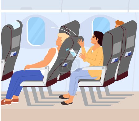 Mujer enojada sintiendo malestar inatento ilustración de vectores de pasajeros. Frustrado furioso hembra dejando caer un vaso de agua debido a un personaje masculino sentado en frente que reclinaba su asiento