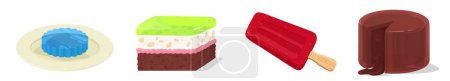 Téléchargez les photos : Gâteaux de gelée sucrée assortis, tartes, crème glacée gourmet traiter illustration vectorielle isolé sur fond blanc. Chocolat, fruits, marmelades multicolores - en image libre de droit