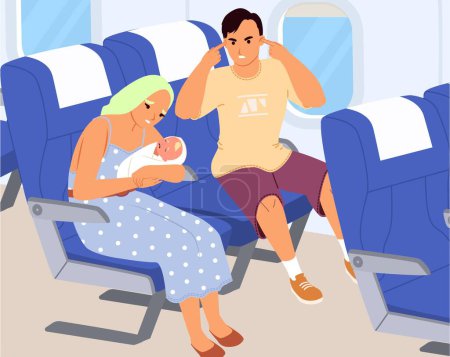 Téléchargez les photos : Scène de problème de passager d'avion avec bébé pleurant dans les mains de maman et l'homme contrarié se sentant irritation souffrant d'illustration vectorielle de bruit fort - en image libre de droit
