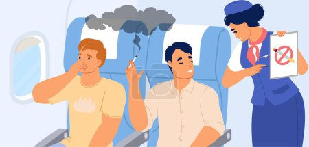 Téléchargez les photos : Hôtesse demandant passager masculin d'arrêter de fumer dans l'avion à bord illustration vectorielle. Agent de bord gronder les personnages de l'homme qui enfreignent les règles dans l'avion - en image libre de droit
