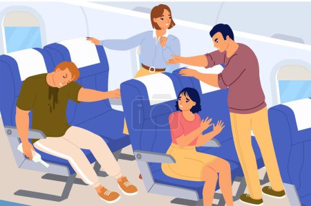 Illustration for People passengers quarrelling due to drunk man while traveling in economy class of airplane vector illustration. Unlucky experience of flight concept - Royalty Free Image