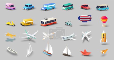 Téléchargez les photos : Différents modes de transport maritime, terrestre, aérien pour le transport de marchandises et de passagers, voyage et voyage ensemble d'illustrations vectorielles isométriques - en image libre de droit