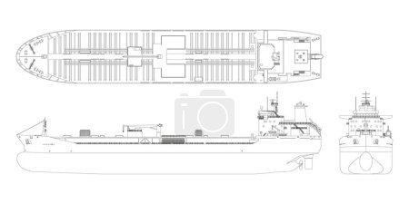 Illustration for Tanker outline drawing. Contour cargo ship industrial blueprint. Petroleum boat view top, side and front. Isolated vehicle. Commerce water transport. Vector illustration - Royalty Free Image