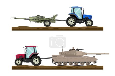 Illustration for Tractor pulls the tank. Ukrainian farmer is towing a cannon. Isolated 3D image of a symbol of war. Military scene. Vector illustration - Royalty Free Image