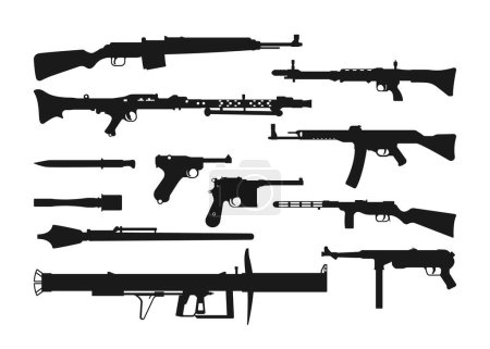 Ilustración de World war weapon silhouettes. Isolated WW2 germany gun. Black template of rifle, carabin, pistol. Ammo side view. Vector illustration - Imagen libre de derechos