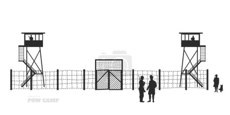 Illustration for POW camp black silhouette. German war prison background. WW2 military isolated landscape.1940s germanic soldiers. Watchtower and guards. Vector illustration - Royalty Free Image