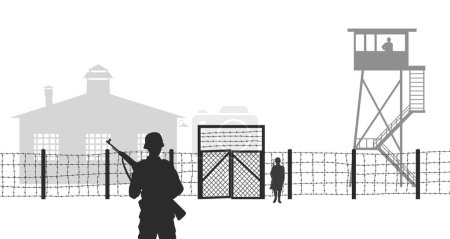 Illustration for POW camp black silhouette. German war prison background. WW2 military isolated landscape.Germanic soldiers portraits. Watchtower and guards scene. Vector illustration - Royalty Free Image