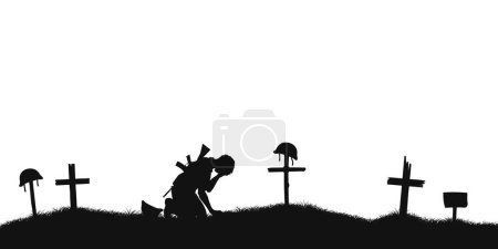 Crying soldier on war cemetery. Black silhouette of battle scene. Panorama with warrior graves, crosses and tombstones. Memorial Day background. Vector illustration