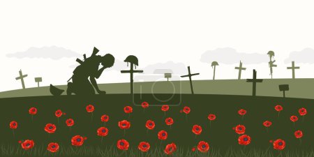 Crying soldier on war cemetery. Silhouette of battle scene. Warrior graves, crosses and tombstones on poppyes field background. Remembrance Day poster. Vector illustration